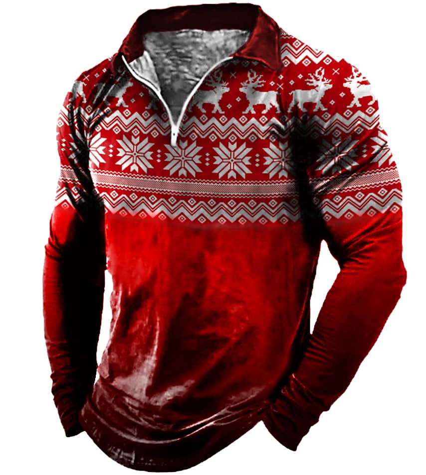 Men's Turndown Red Christmas Print Long Sleeve Zipper Sweatshirt