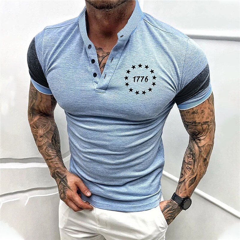 Men's Waffle Henley Shirt Graphic Color Block Print Outdoor Daily Short Sleeve Button Top