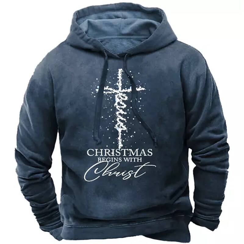 Men's Casual Letter Christmas Print Hooded Long Sleeve Sweatshirt