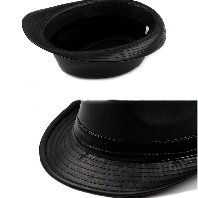 Men's Fedora Hat Brim Hat Black Coffee Faux Leather Pure Color Simple