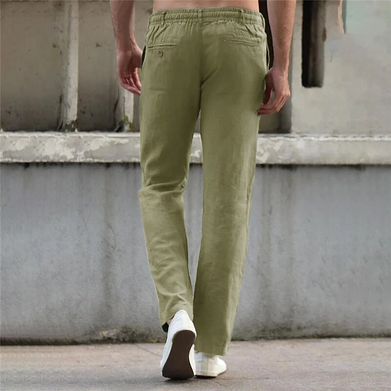 Men's Linen Pants Drawstring Elastic Waist Straight Leg Plain Comfort