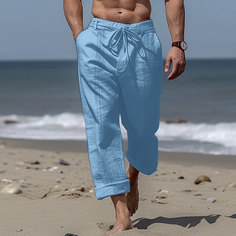 Men's Summer Beach Pants Drawstring Elastic Waist Straight Leg Plain Comfort Breathable Casual Trousers 