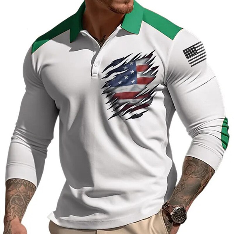 Men's Polo Shirt Golf Shirt Graphic Prints American Flag Turndown Outdoor Street Long Sleeve Print Soft Top