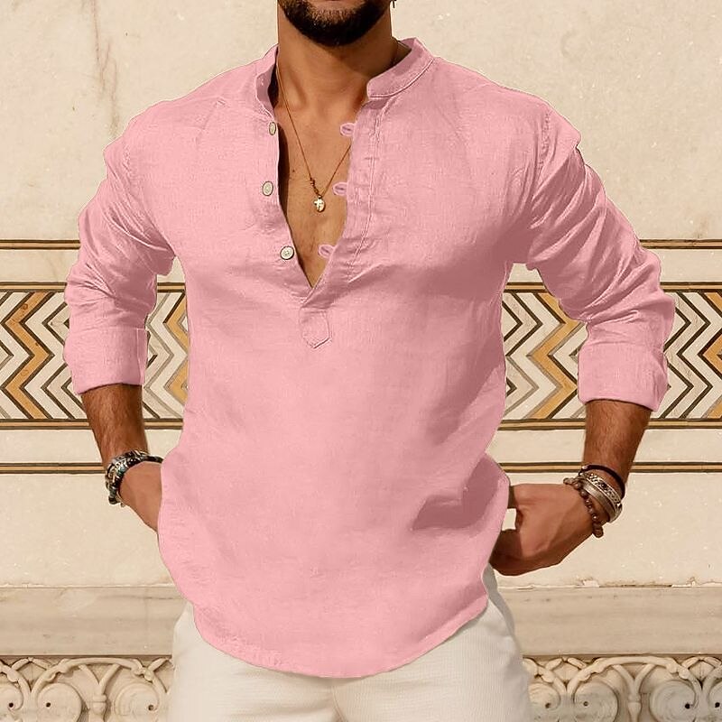 Men's Linen Outdoor Beach Casual Fashion Vacation Breathable Comfortable Light Plain Long Sleeve Henley Shirt