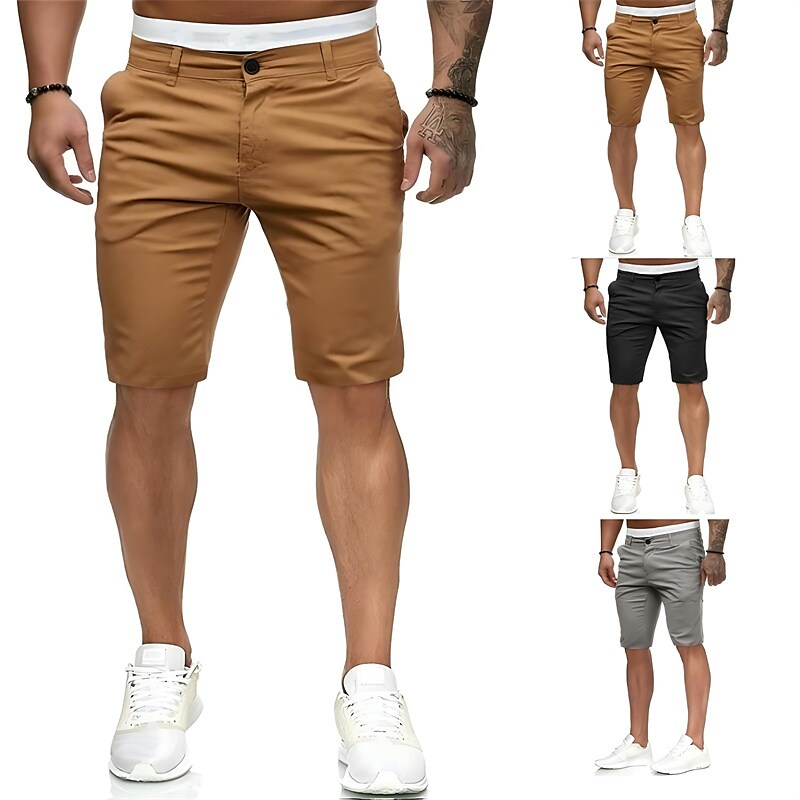 Men's Chino Bermuda Work Shorts Zipper Pocket Plain Outdoor Knee Length Classic Style Chino Slim Shorts
