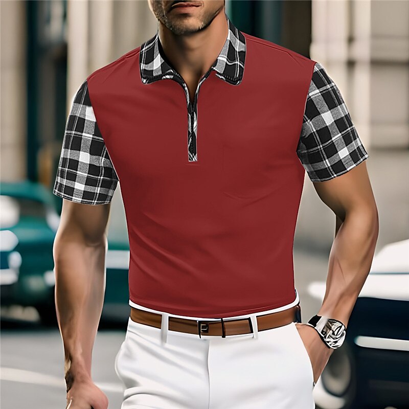Men's Golf Shirt Outdoor Sports Lapel Quarter Zip Short Sleeve Fashion Modern Color Block Plaid / Check Polo
