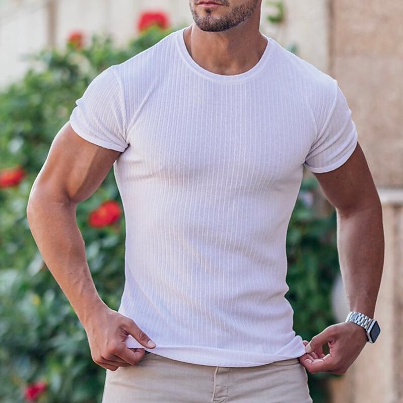 Men's Summer Sports Fitness Leisure  Elastic Vertical Strip Round Neck Short-sleeved T-shirt