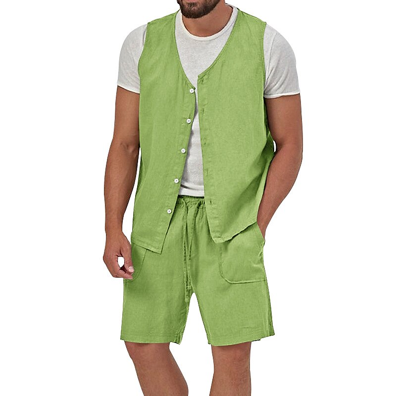Men's 2 Piece Casual Beach Shirt Sleeveless Plain V Neck Street Vacation Shirt 
