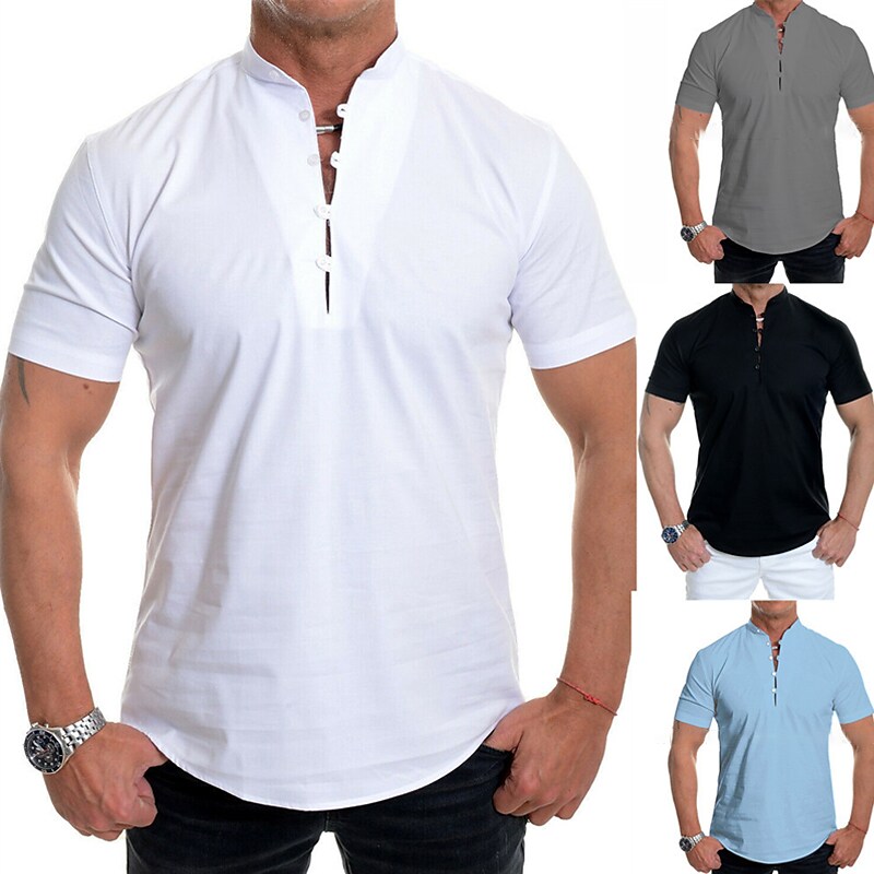 Men's Button Up Casual Shirt Plain Standing Collar Outdoor Street Shor
