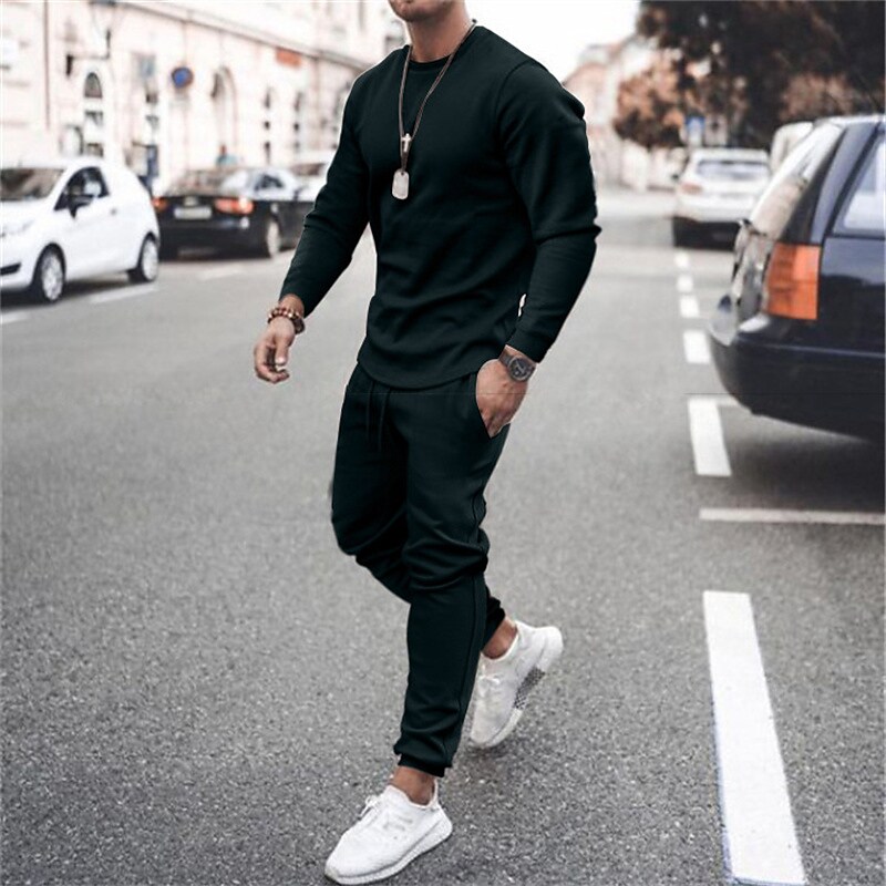 Men's Solid Crew Neck Shirt Elastic Waist Pocket Pant Tracksuit