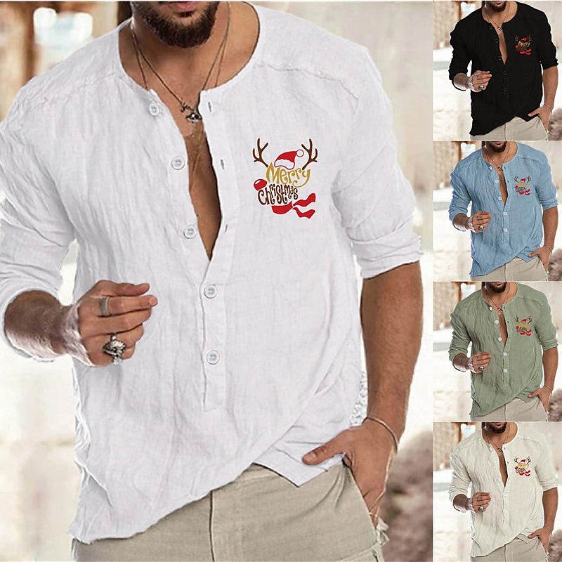 Men's Solid Color Christmas Print Collar Outdoor Long Sleeve Shirt