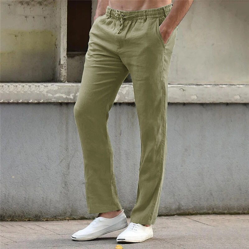 Men's Linen Pants Drawstring Elastic Waist Straight Leg Plain Comfort
