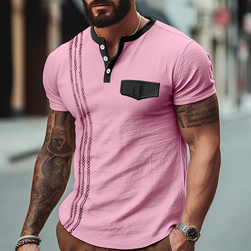 Men's Henley Shirt Tee Top Patchwork Embroidery Henley Street Vacation