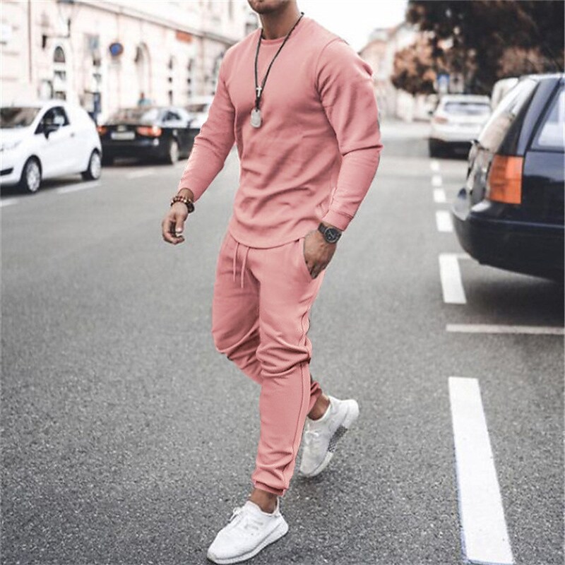 Men's Solid Crew Neck Shirt Elastic Waist Pocket Pant Tracksuit