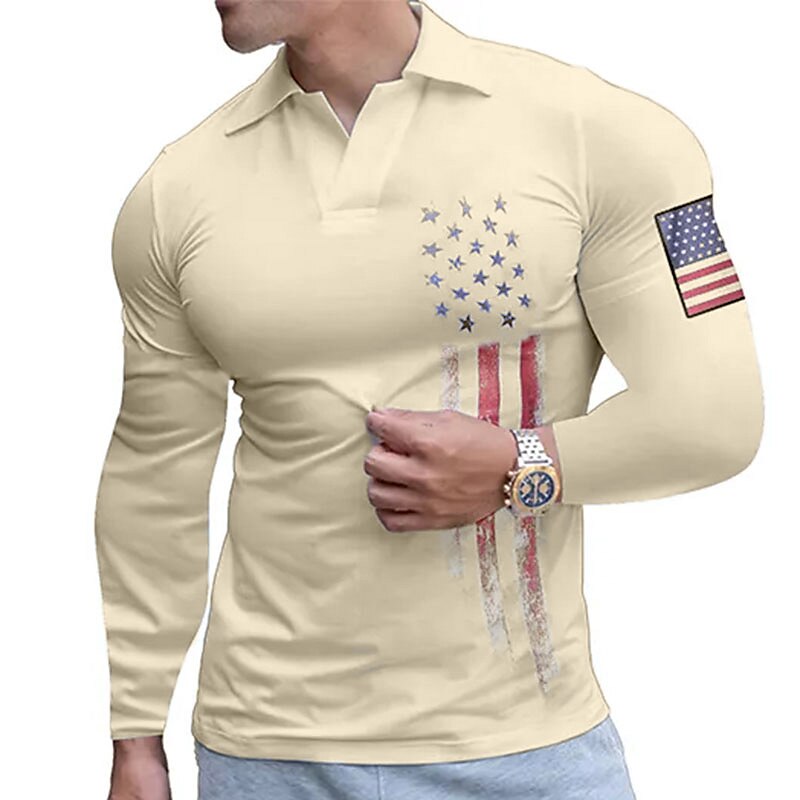 Men's Golf Shirt Polo Sports Fitness V Neck Classic Long Sleeve National Flag Muscle Flag Fashion Print Golf Shirt