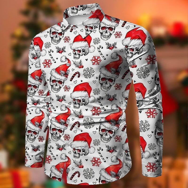 Men's White Skull Christmas Print Long Sleeve Button-Down Shirt