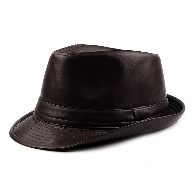 Men's Fedora Hat Brim Hat Black Coffee Faux Leather Pure Color Simple