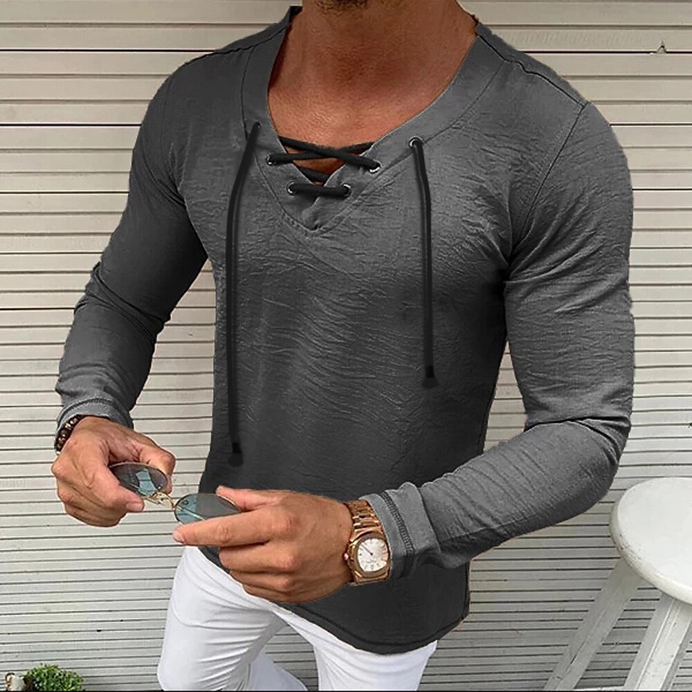 Men's Shirt Long Sleeve Plain Solid Colored V Neck Casual Daily Drawstring Cotton Fashion Casual Breathable Comfortable Top