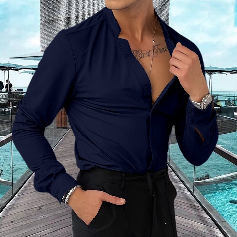 Men's Button Up Casual Summer Beach Shirt Long Sleeve Plain Band Collar Daily Clothing Fashion Casual Comfortable Shirt 