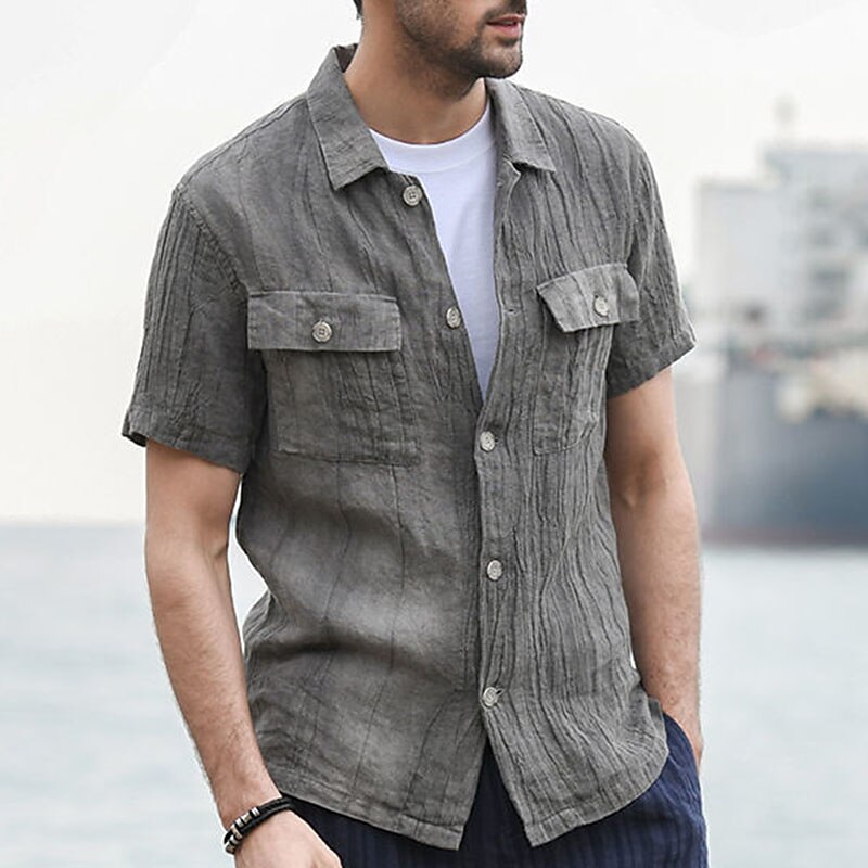 Men's Linen Summer Beach Shirt  Short Sleeve Plain Lapel Spring & Summer Hawaiian Holiday Shirt 