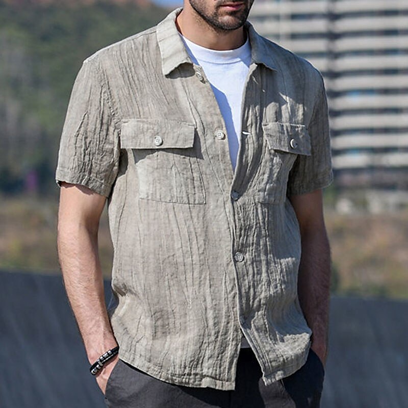Men's Linen Summer Beach Shirt  Short Sleeve Plain Lapel Spring & Summer Hawaiian Holiday Shirt 