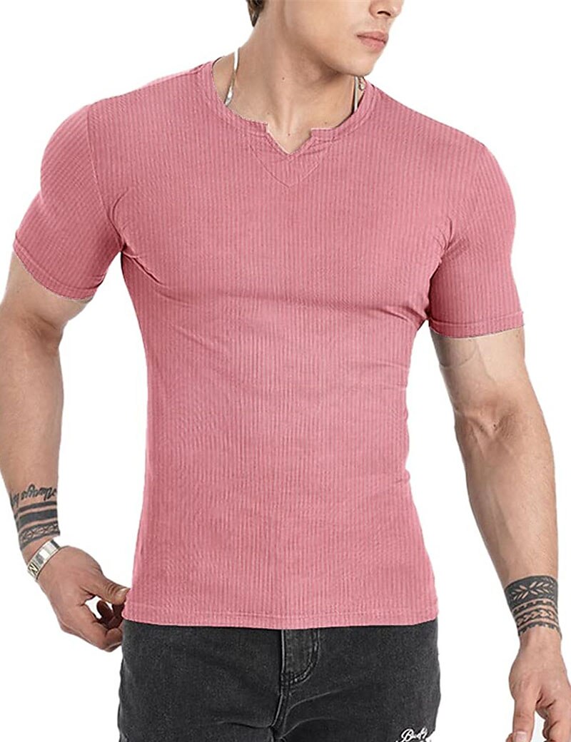 Men's T shirt Plain Pit Strip V Neck Street Vacation Short Sleeves Knitted Designer Basic Top