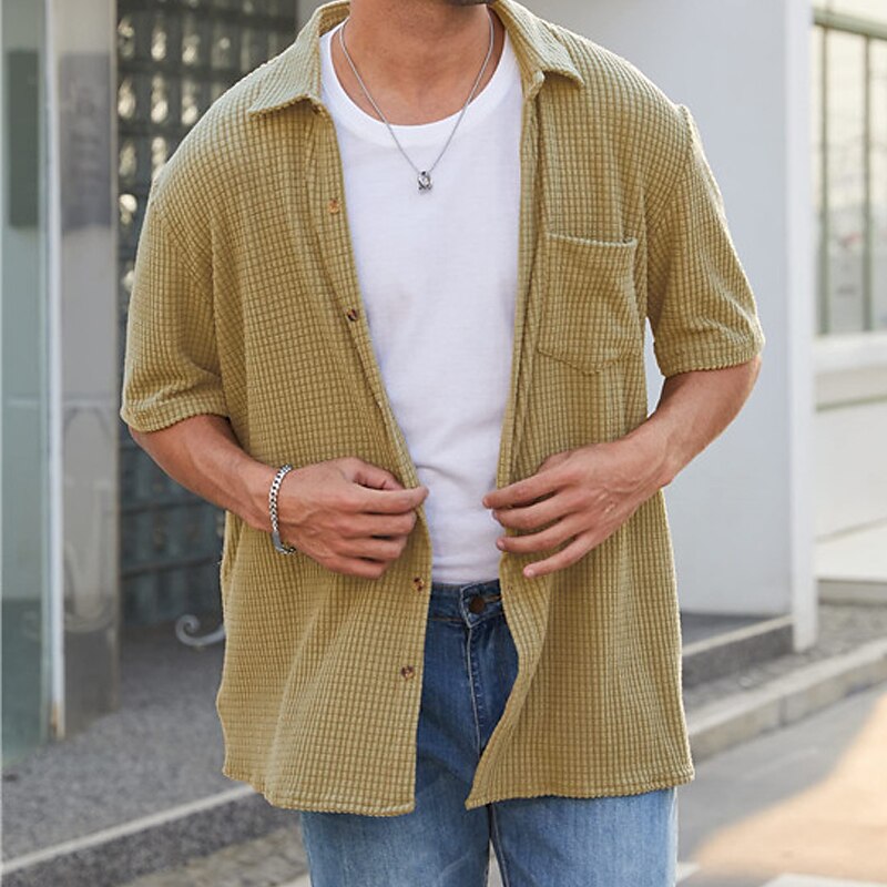 Men's Button Up Casual Summer Waffle Shirt Short Sleeve Plain Lapel Daily Vacation Front Pocket Comfortable Shirt 