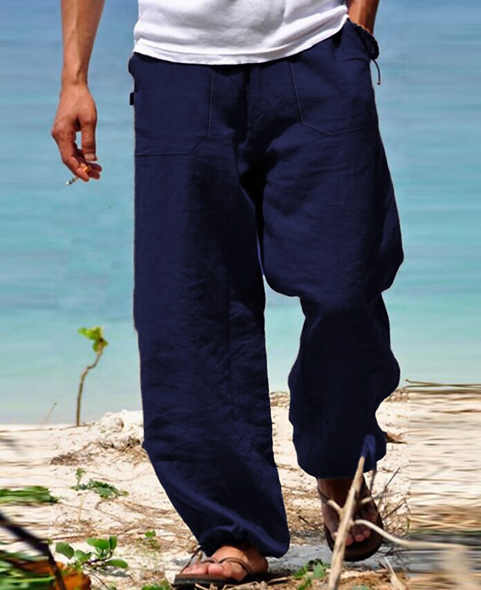 Men's Wide Leg Solid Color Comfy Breathable Casual High Waist Linen Pa