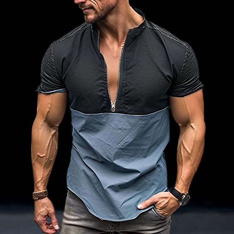 Men's Outdoor Casual Fashion Designer Comfortable Light Short Sleeves Zipper T Shirt