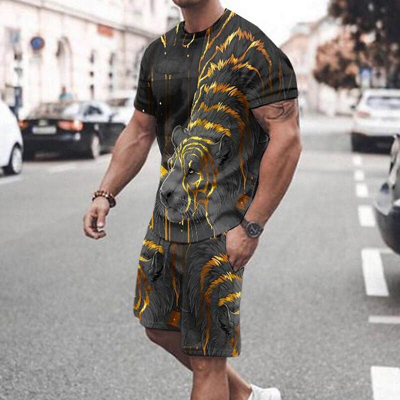 Men's Tiger Shorts Sleeve Shirt Daily Short Casual Tracksuit
