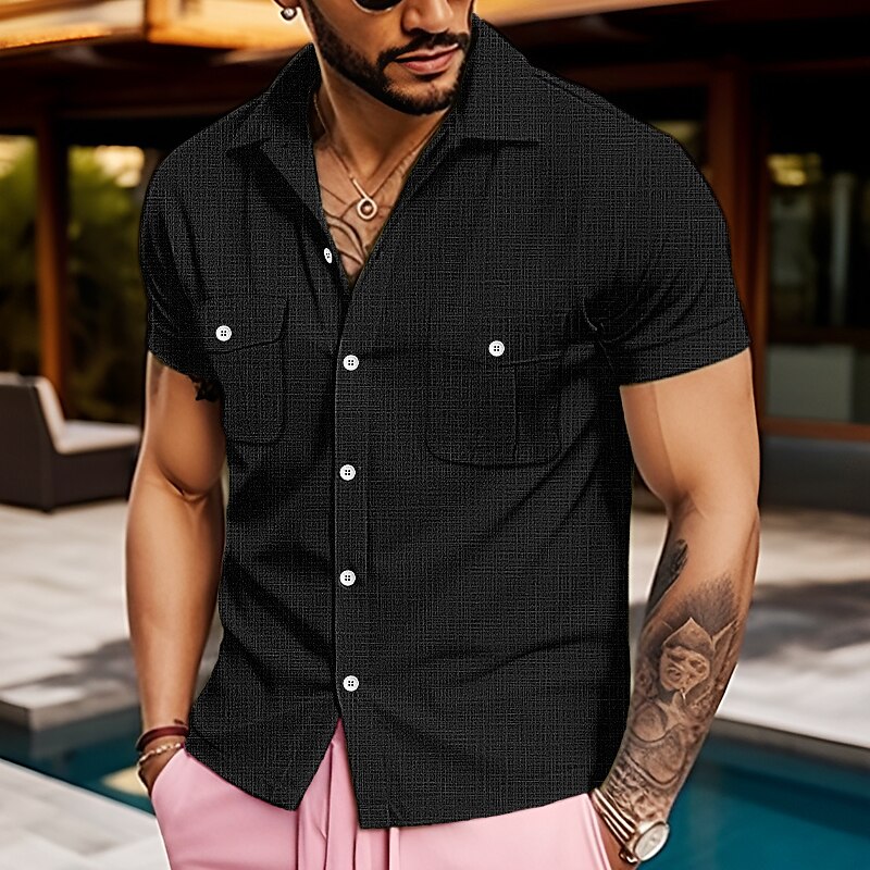 Men's Linen Button Up Summer Shirt Beach Shirt Short Sleeve Plain Lapel Casual Pocket Shirt 
