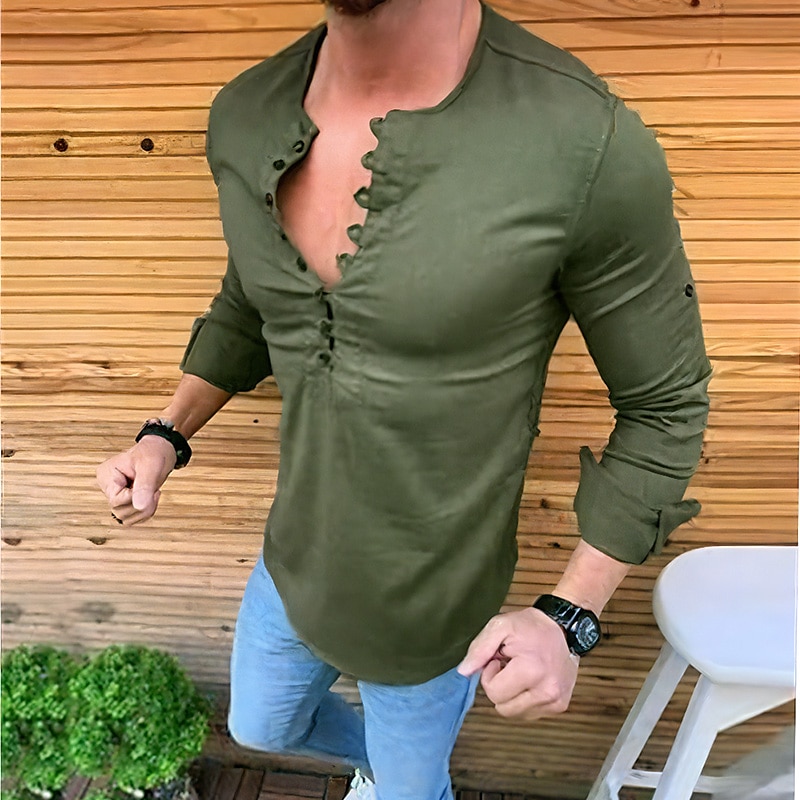 Men's Casual Shirt Summer Long Sleeve Plain Band Collar Daily Vacation Fashion Casual Comfortable Shirt 