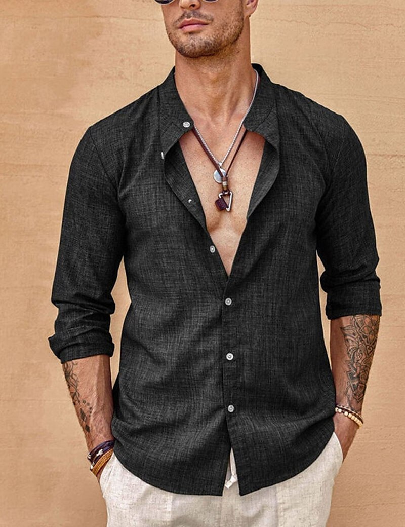 Men's Linen Button Up Summer Shirt Beach Shirt Black White Blue Long Sleeve Plain Band Collar Casual Daily Clothing Apparel Top