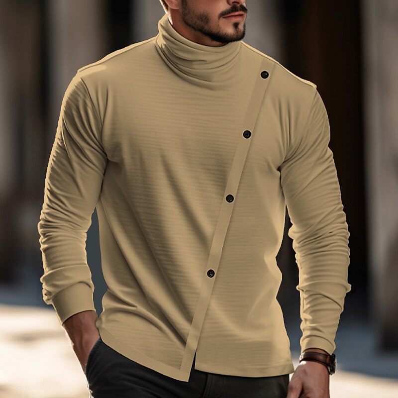 Men's T shirt Plain Turtleneck Street Vacation Long Sleeve Button Clothing Apparel Fashion Designer Basic Top 