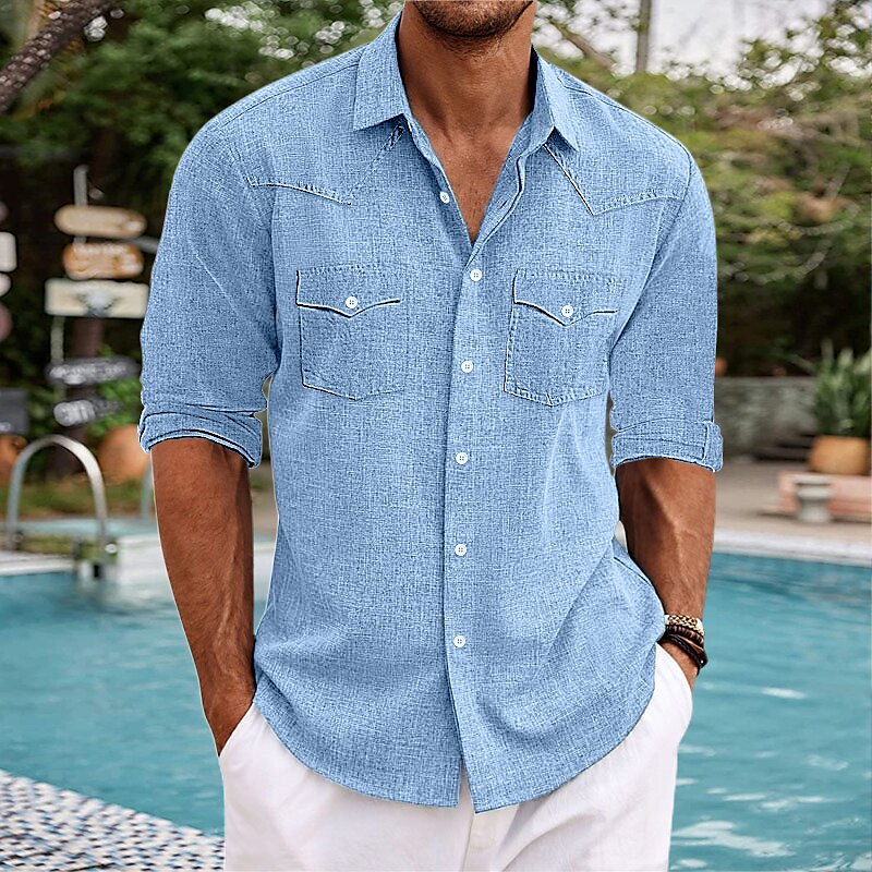 Men's Summer Western Shirt Long Sleeve Plain Lapel Casual Daily Pocket Shirt 