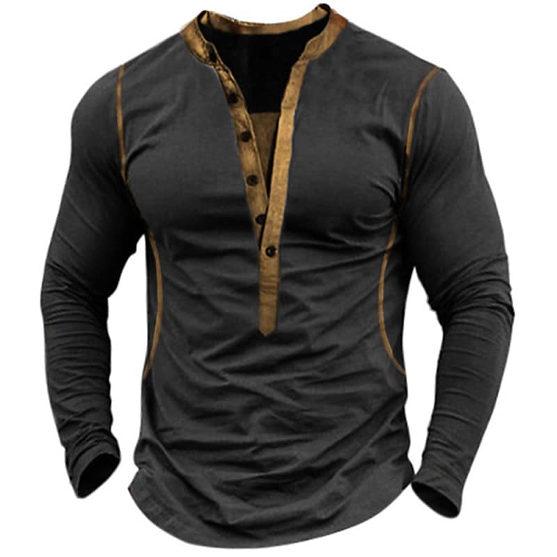 Men's Henley Shirt Tee Solid Color Henley Black Daily Long Sleeve Button-Down Comfortable