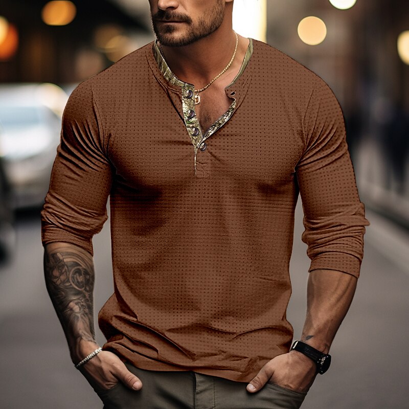 Men's Waffle Henley Shirtt Top Patchwork Henley Street Vacation Long Sleeve Fashion Designer  Henley Shirt
