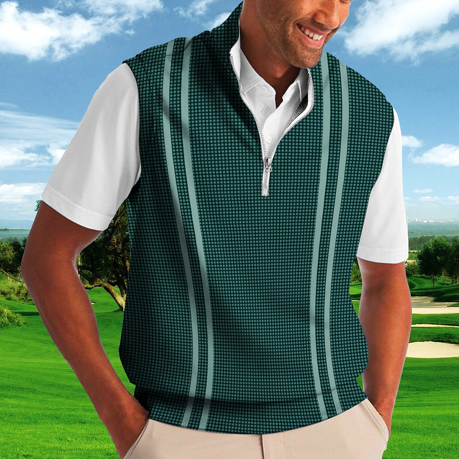 Men's Polo Shirt Plaid Turndown  Print Casual Daily Sleeveless Zipper Print  Fashion Casual Golf Shirt