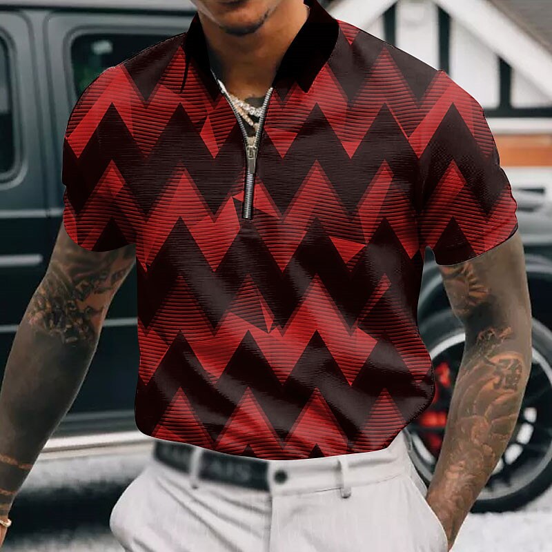 Men's Zip Polo Lapel Polo Polo Shirt  Graphic Prints Geometry Turndown Outdoor Street Short Sleeves Zipper Print Casual Golf Shirt