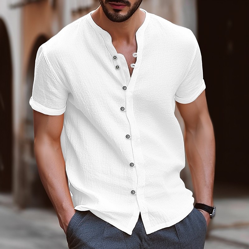 Men's Linen Shirt Summer Beach Shirt Short Sleeve Plain Band Collar Summer Casual Daily Shirt 