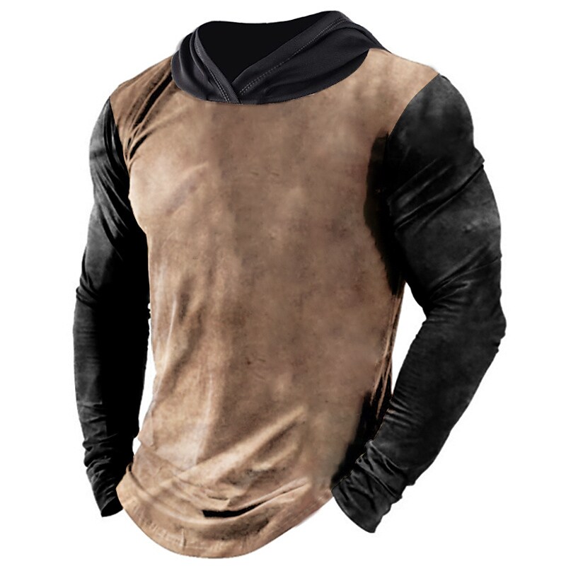 Men's Vintage Brown Patchwork Hooded Long Sleeve Sweatshirt