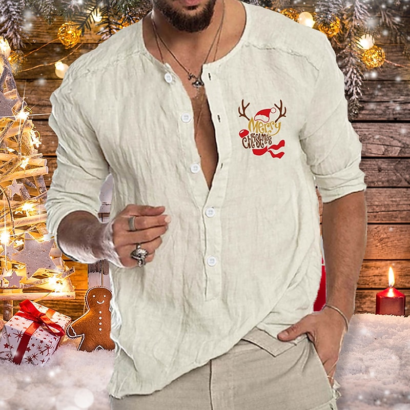Men's Solid Color Christmas Print Collar Outdoor Long Sleeve Shirt