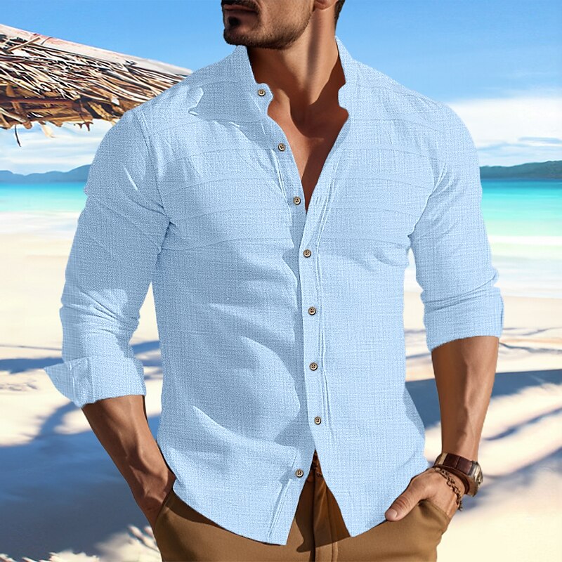 Men's Shirt Linen Beach Shirt Long Sleeve Plain Band Collar Spring & Summer Casual Daily  Shirt 