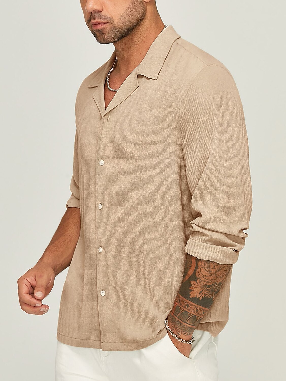 Men's Button Up Shirt  Casual Shirt Long Sleeve Plain Camp Collar Daily Vacation Casual Comfortable Shirt 