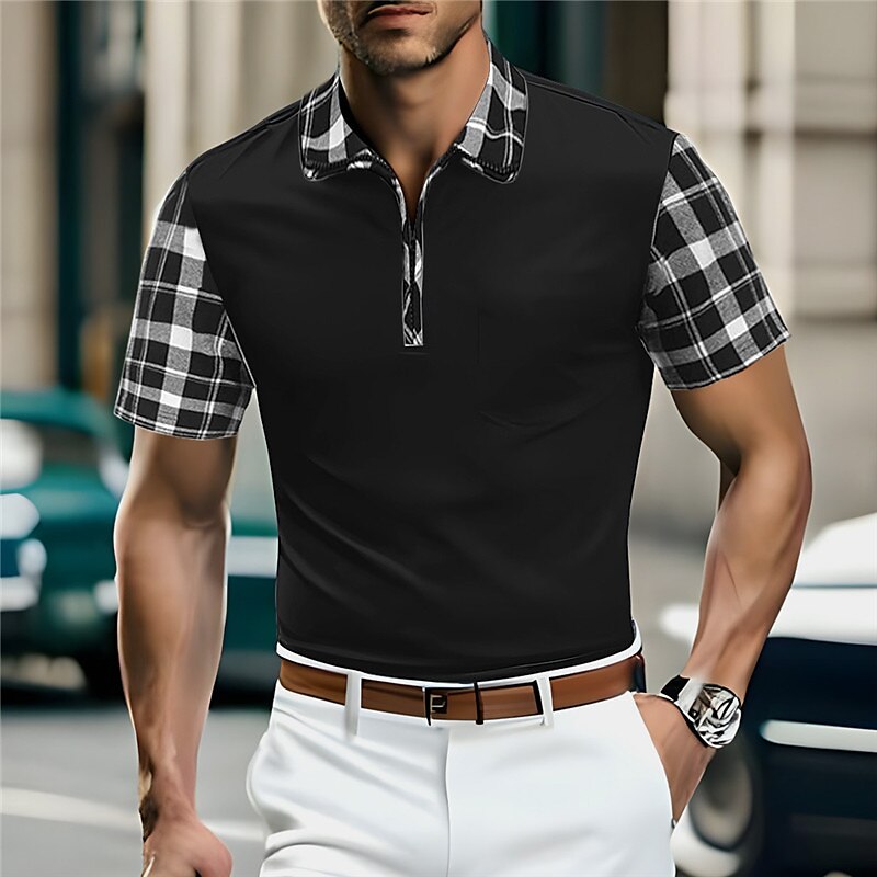 Men's Golf Shirt Outdoor Sports Lapel Quarter Zip Short Sleeve Fashion Modern Color Block Plaid / Check Polo