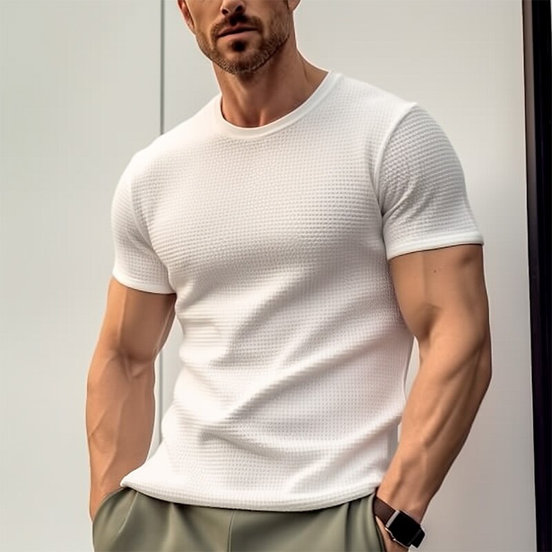 Men's T shirt Tee Waffle Shirt Tee Top Plain Crew Neck Street Vacation Short Sleeves Clothing Apparel Fashion Designer Basic Top