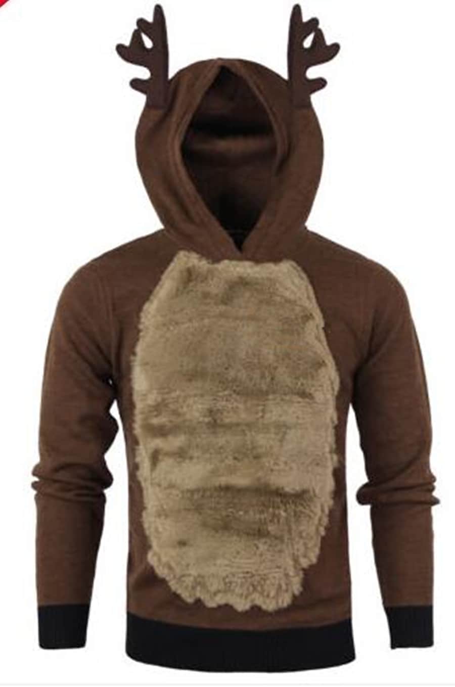 Men's Christmas Antlers Plus Fluff Hooded Color Funny Sweatshirt