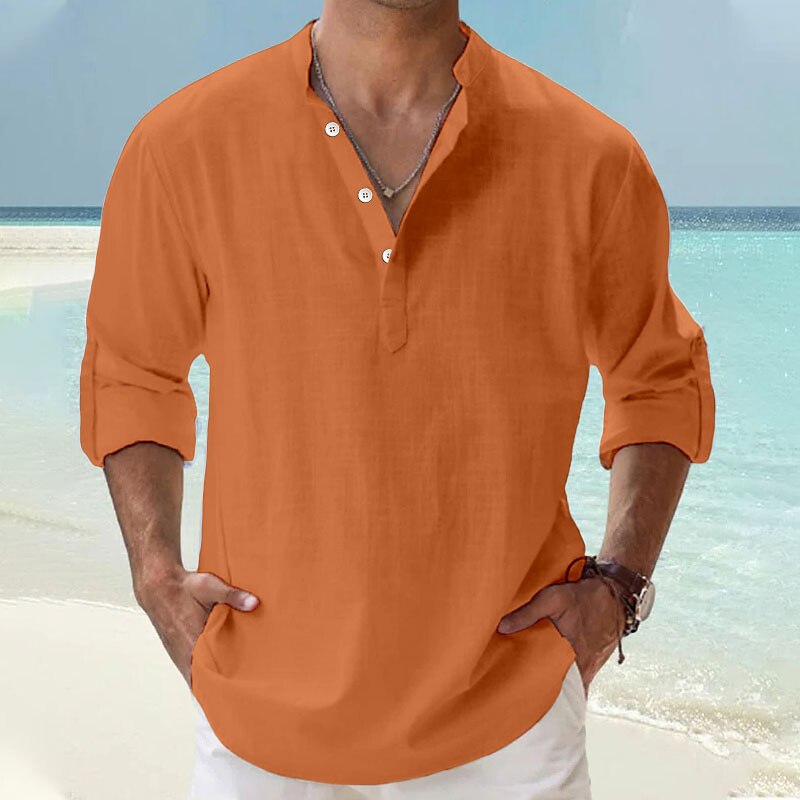 Men's Linen Shirt Popover Shirt Casual Shirt Beach Shirt Black White Pink Long Sleeve Plain Henley Hawaiian Top