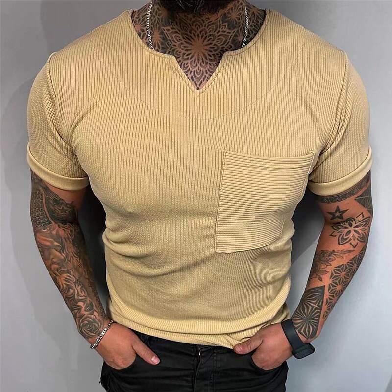 Men's T shirt Tee Tee Top Plain V Neck Street Vacation Short Sleeves Front Pocket Clothing Apparel Fashion Designer Basic Top