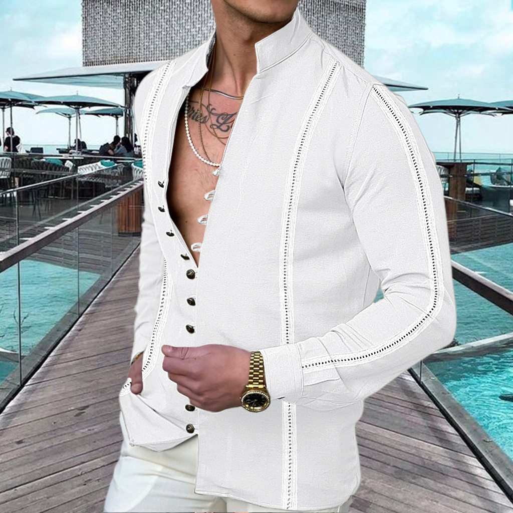 Men's Linen Button Up Summer Beach Shirt  Long Sleeve Plain Standing Collar Spring & Summer Casual Daily Top